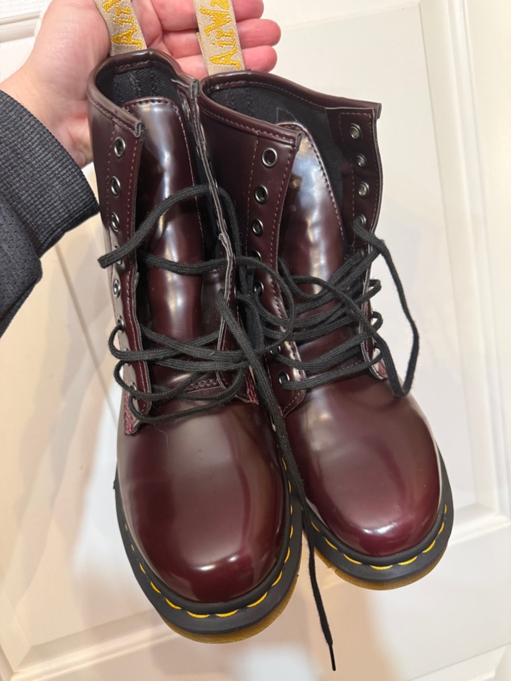 Dr. Martens Cherry/Deep Red Leather Combat Boots with Yellow Heel Loop - Picture 2 of 7